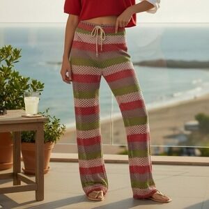 NWT PQ Swim Bree Boho Sheer Crochet-knit Cover-up Pants Striped Multi Color XS/S